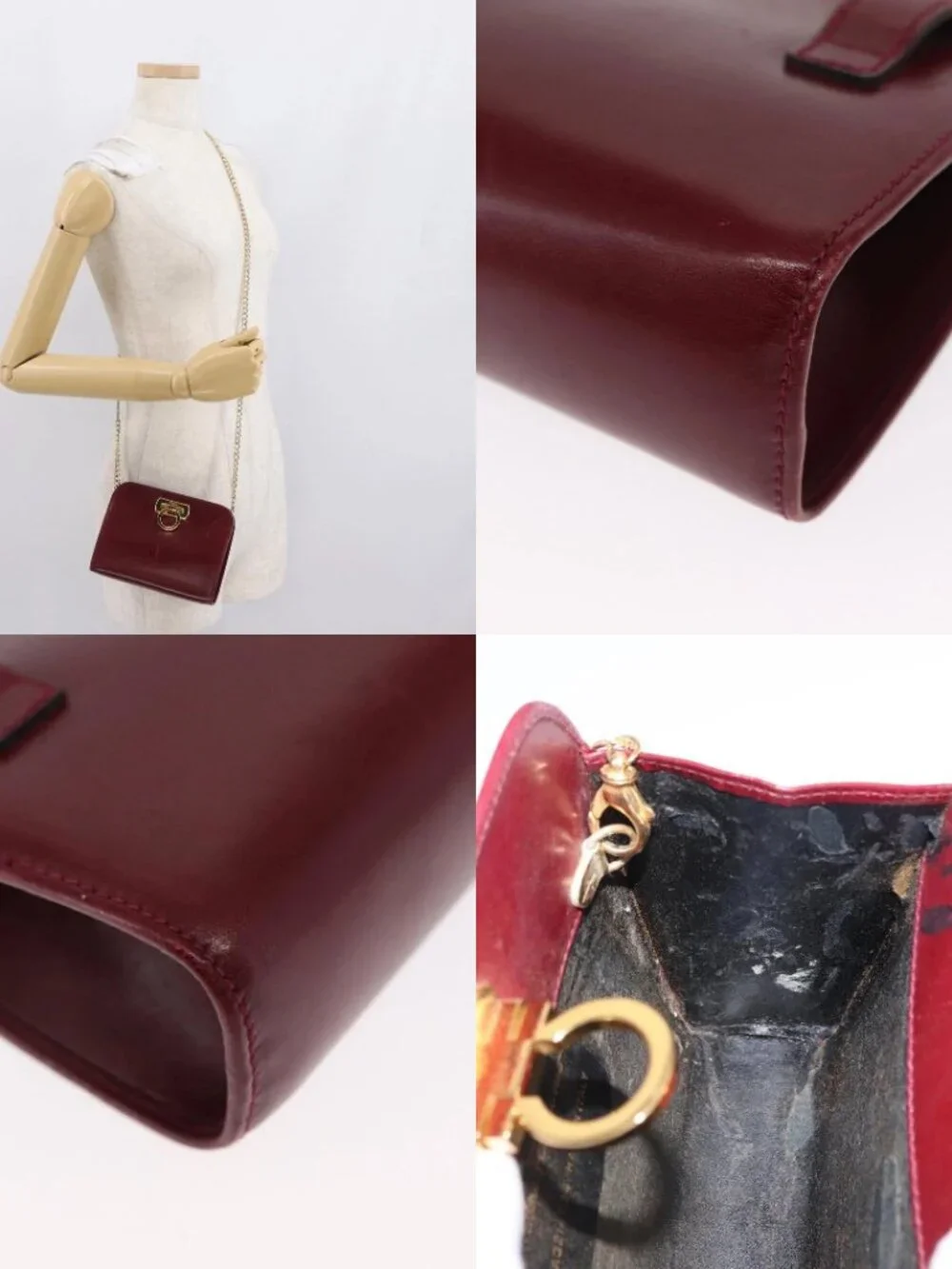 Salvatore Ferragamo Gancini Chain Shoulder Bag Leather Red Gold Auth 165934